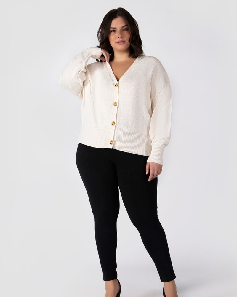 Plus size model wearing Lottie Boucle Button Front Cardigan by DEX PLUS | Dia&Co | dia_product_style_image_id:206157